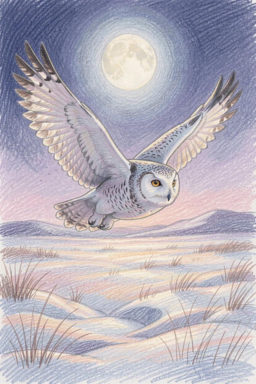 A snowy owl gliding silently over a moonlit winter field, bathed in the warm glow of golden-hour light, celebrating a moment people would love to revisit.