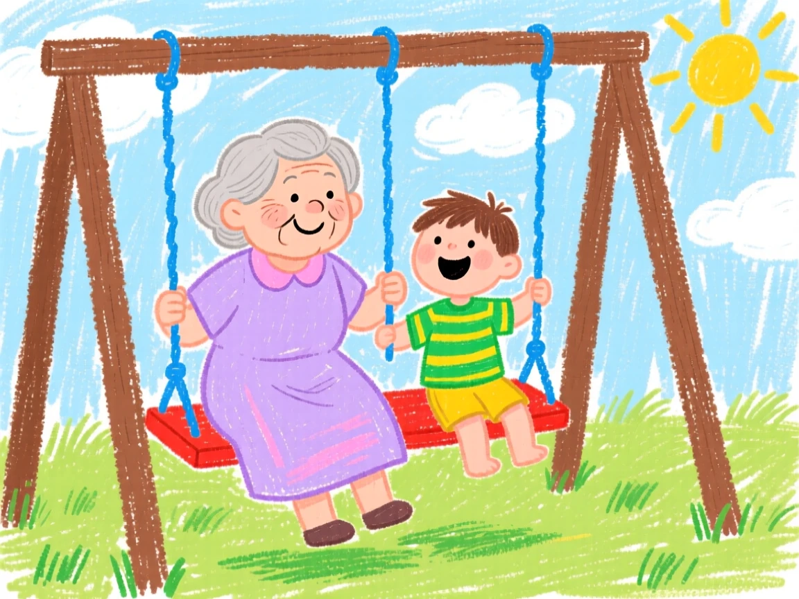 A grandmother and her grandchild laughing together on a backyard swing set.