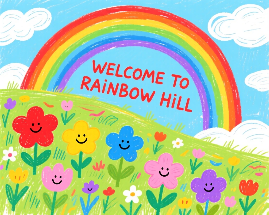 A wildflower-covered hillside under a brilliant double rainbow.