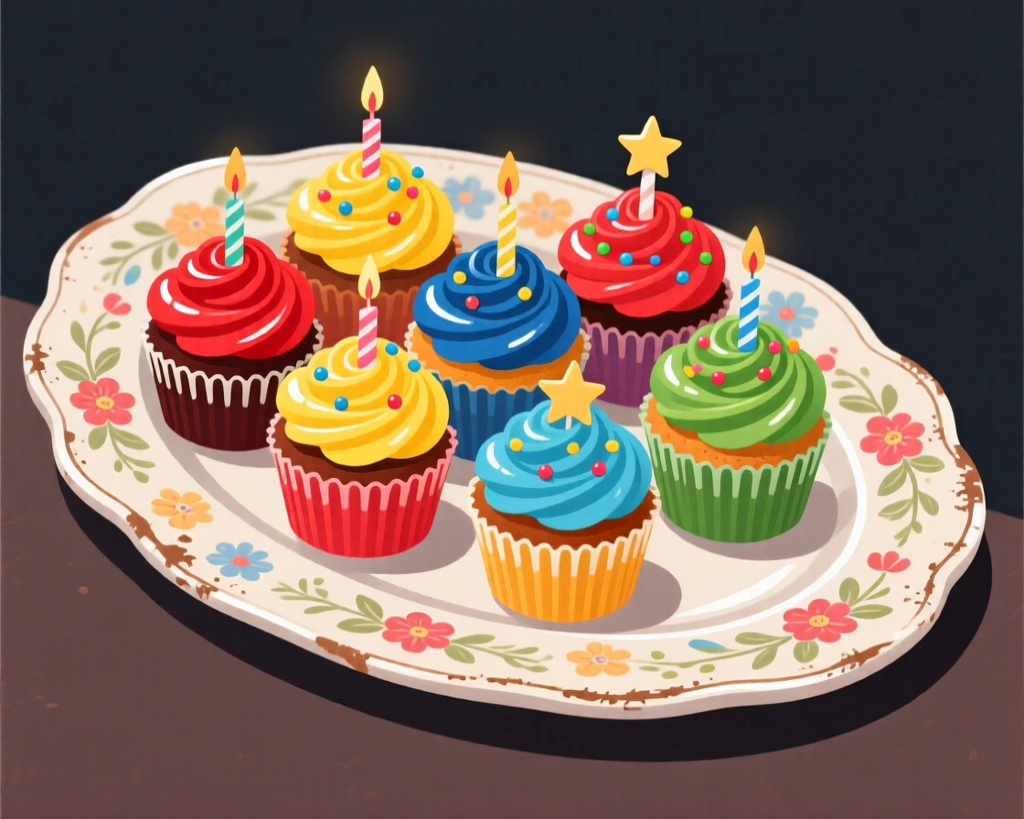A tray of colorful cupcakes decorated for a birthday party, placed on a vintage ceramic platter, arranged with complementary colors for visual appeal, with glossy highlights that make the dish look freshly made.