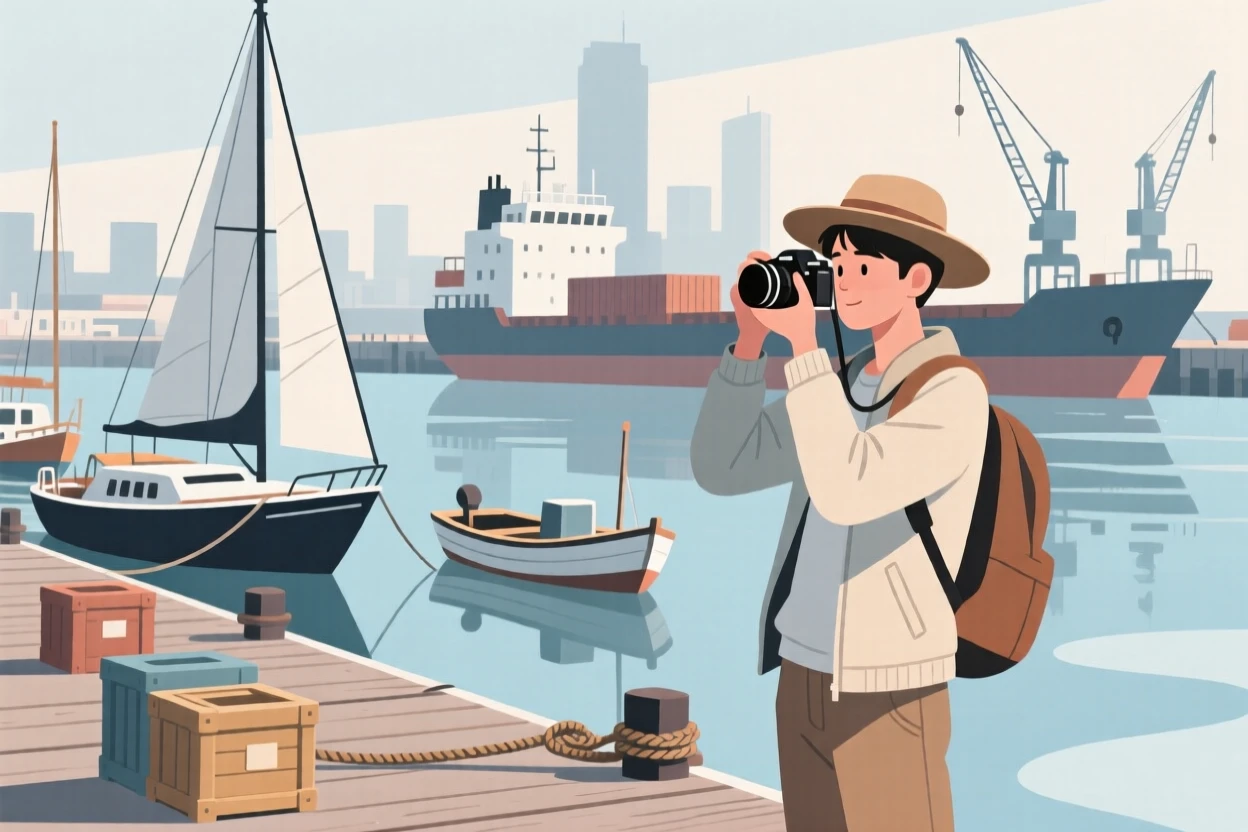 A traveler taking photos near a bustling harbor.