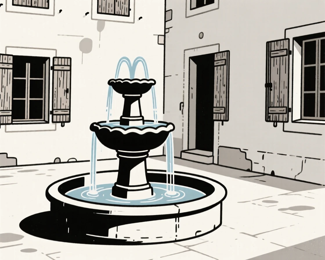 A courtyard fountain, striking and prominent, stands in a quiet countryside village, surrounded by weathered wooden shutters, expressing historic charm.