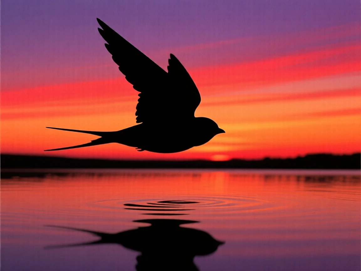 A single swallow skimming low across the surface of a pond at dusk.