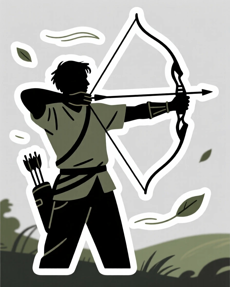 An intensely focused archer aiming carefully at a target, taking a short pause to admire their progress, outdoors surrounded by fresh air.