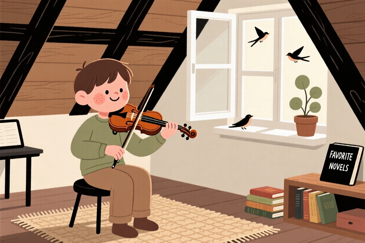 A young violinist sits in a quiet attic studio practicing a favorite novel, fully absorbed as birdsong drifts through the open window.