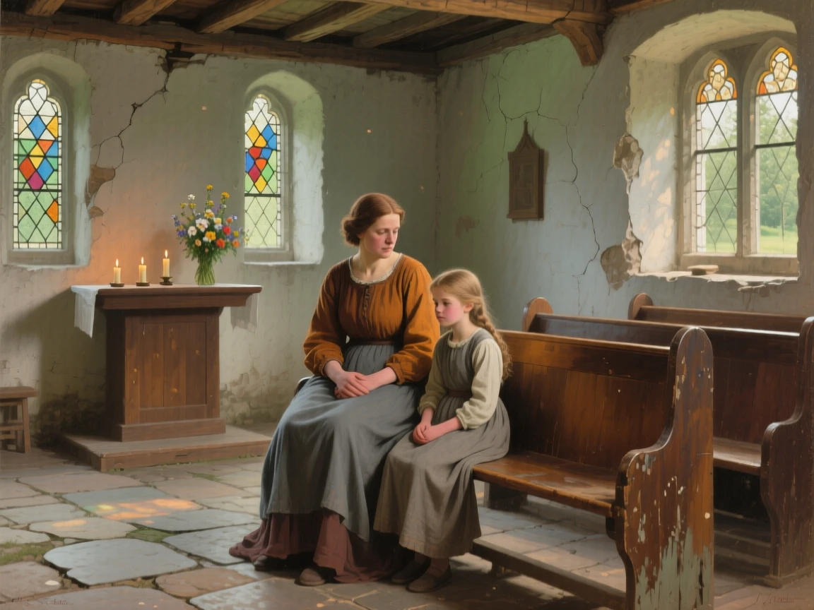 A well-framed scene of a mother and her daughter in a quiet countryside chapel, marked by weary resilience, at midday.