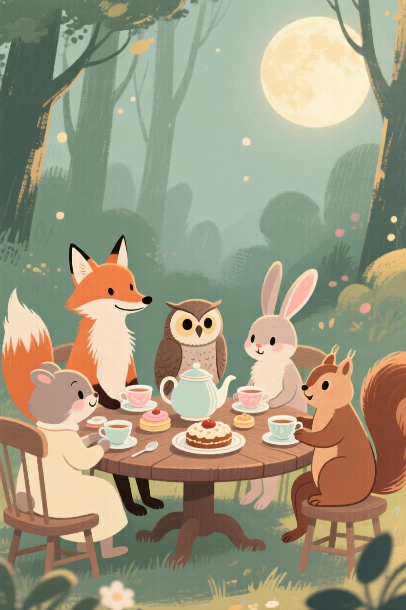 A group of woodland creatures gathered for a moonlit tea party