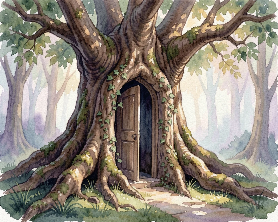 A hidden door in an old tree leading to another world.