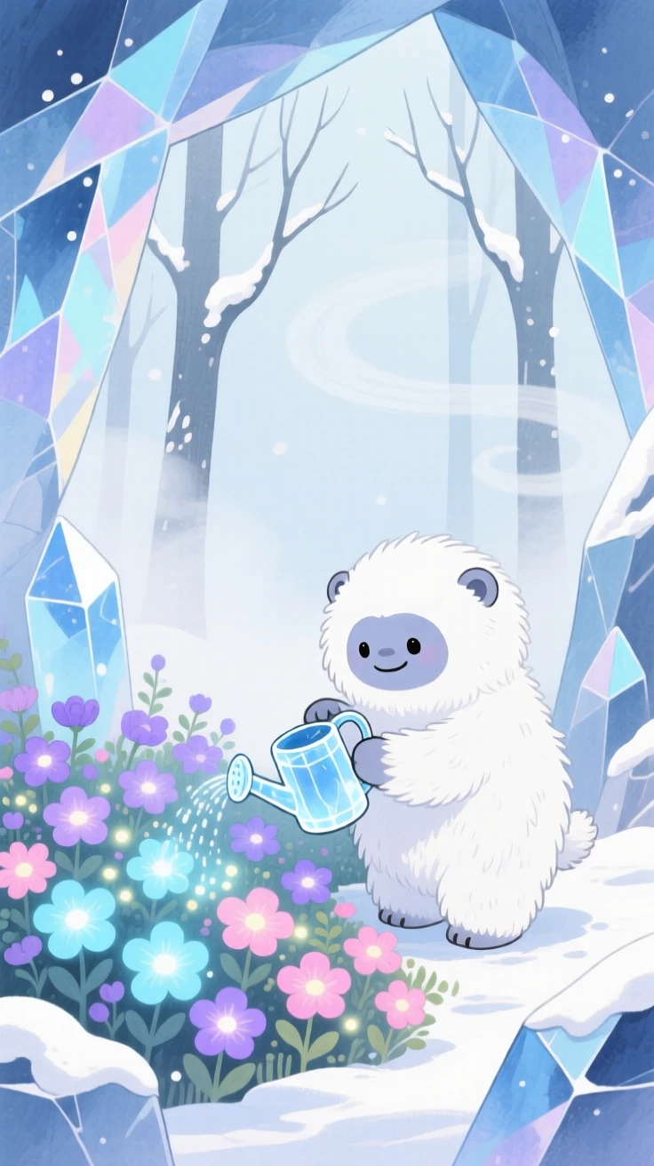 A tiny snow yeti cub waters a garden of luminous flowers in a crystal cave glowing softly, as a gentle mist curls through the trees