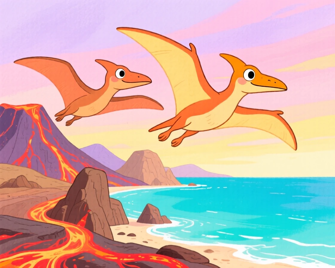 A vivid scene of a pair of pterodactyls soaring over a volcanic coastline.