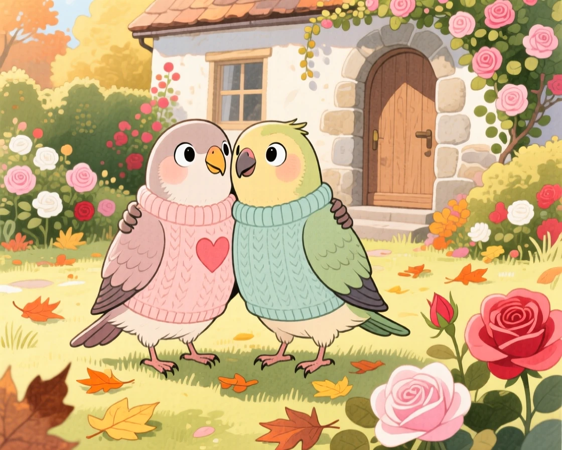A pair of lovebirds wearing a tiny knitted sweater on a crisp autumn day, set in a sunny cottage garden overflowing with roses, filled with wide-eyed wonder.