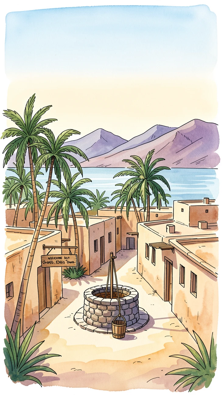 A desert oasis town with palm trees clustered around a central well, distant mountains or sea visible beyond the rooftops.