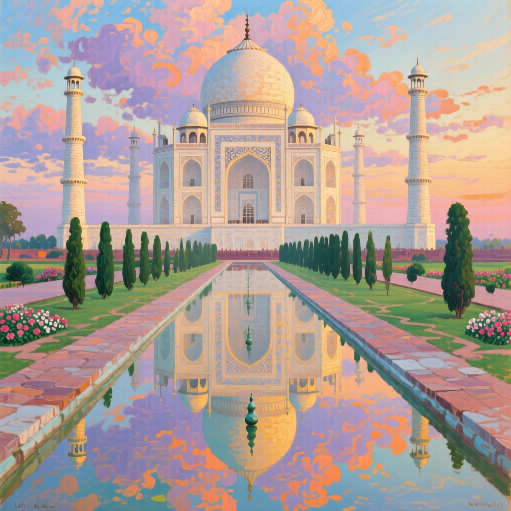 The Taj Mahal reflected perfectly in its long garden pool at sunrise, as a dramatic sky adds depth and atmosphere to the skyline, designed to transport the viewer directly into the scene