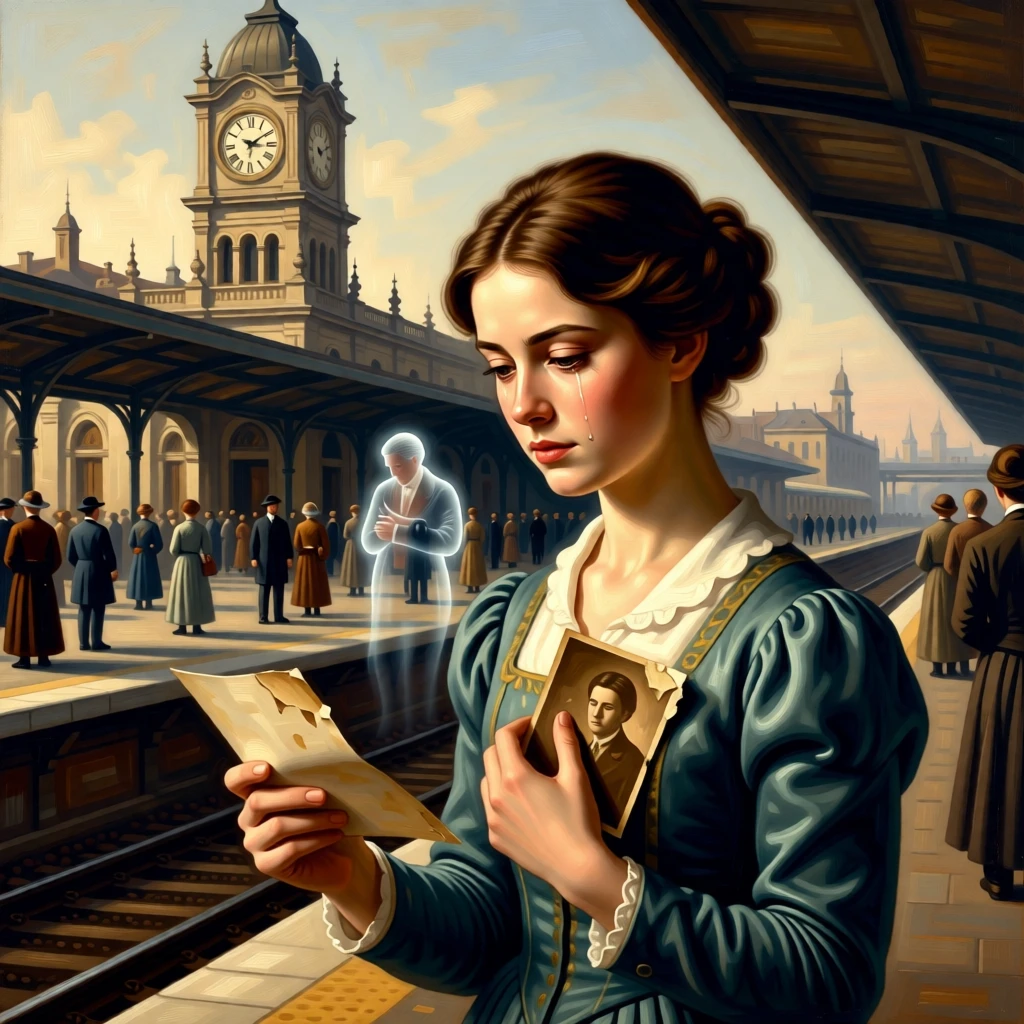 A daughter reading a final letter from her departed father as tears and gratitude mix in equal measure, set at a crowded railway platform beneath a clock tower, with a faded photograph clutched tightly to a chest; converging paths in the background lead directly to the embracing pair, radiating hope restored after long hardship.