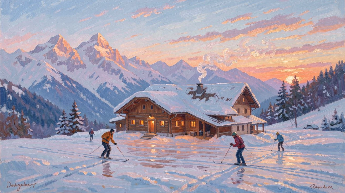 A rustic mountain refuge in the Alps, smoke curling from the chimney as skiers pass by at dusk, under a glowing sunset sky, inspiring awe at the beauty of the scene.