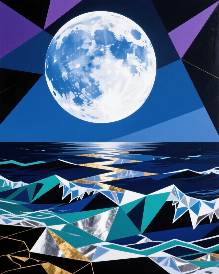 A full moon glowing brightly above a calm ocean horizon at midnight.