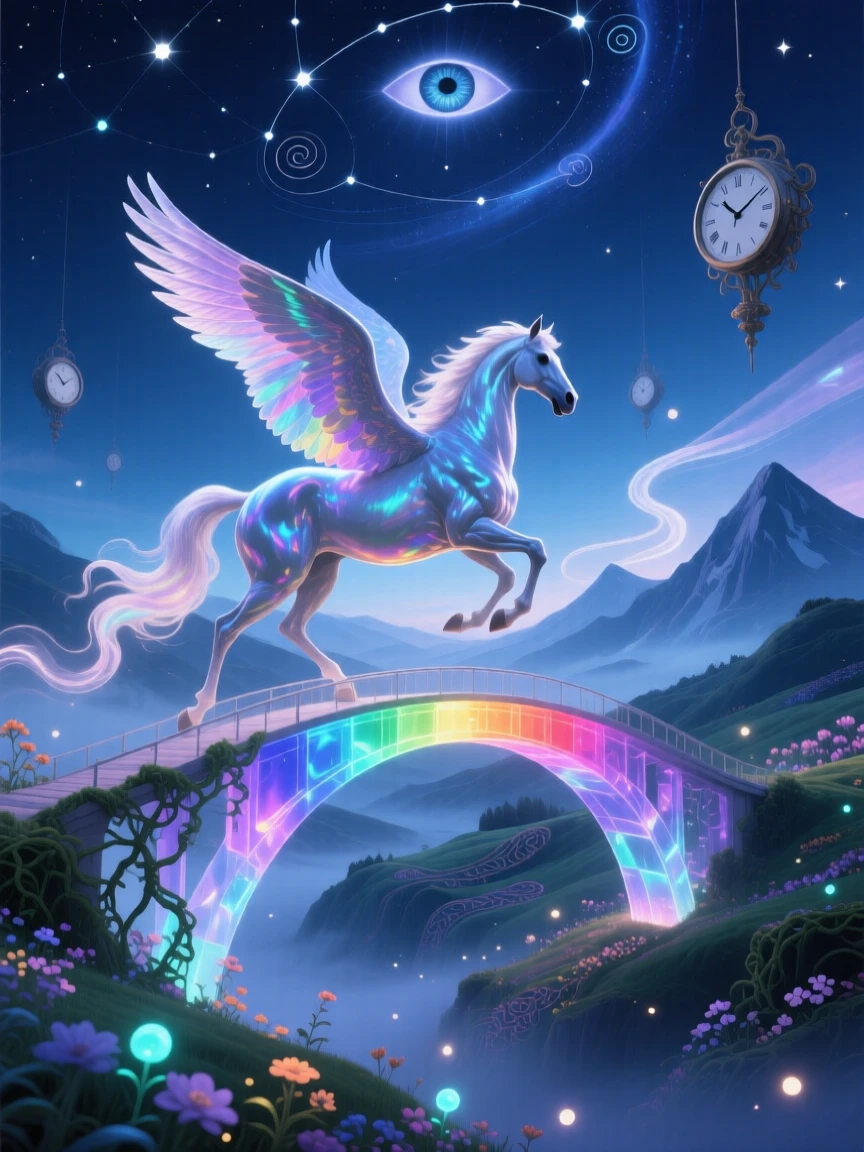 A winged horse galloping across a bridge of solid rainbow light watches silently over a sleeping valley below, while wisps of light curl gently around its form.