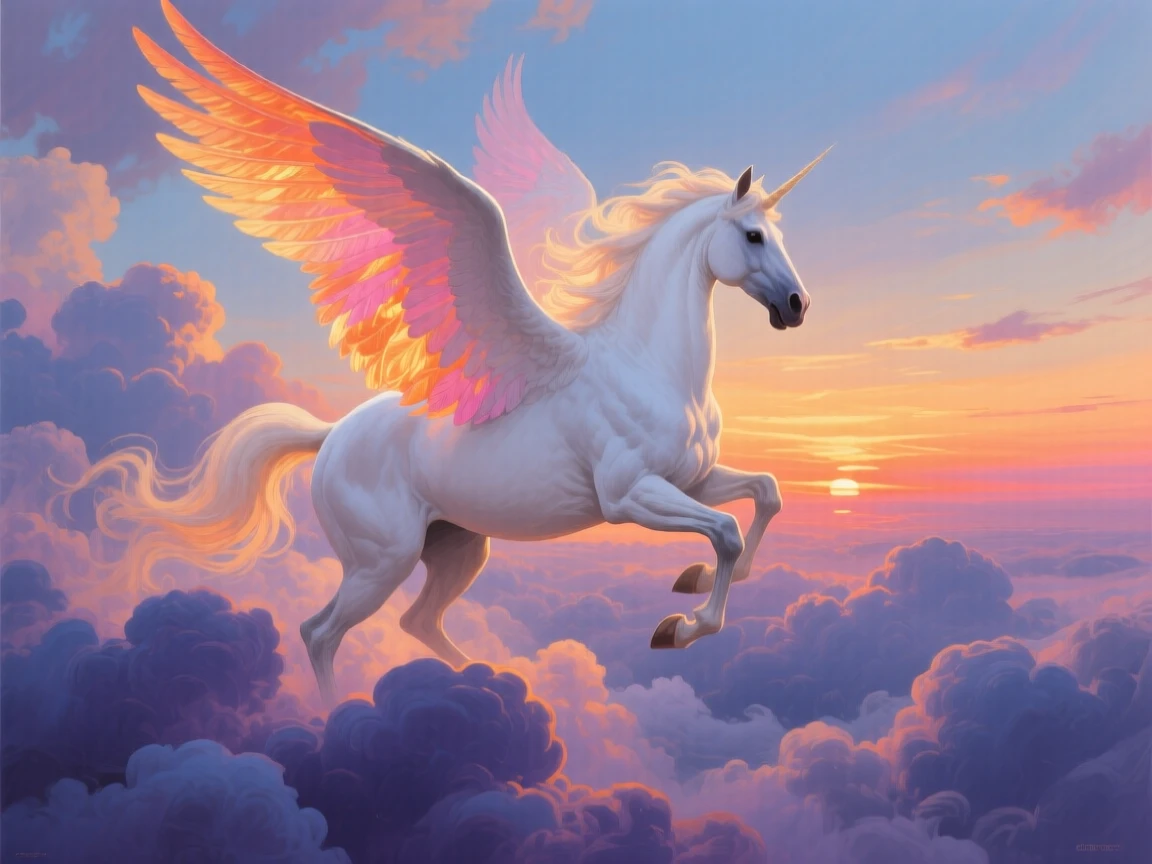 A pegasus gallops across a cloud-covered sky at sunset, its white wings catching brilliant shades of orange and pink light, the atmosphere charged with a sense of quiet wonder and untold history.