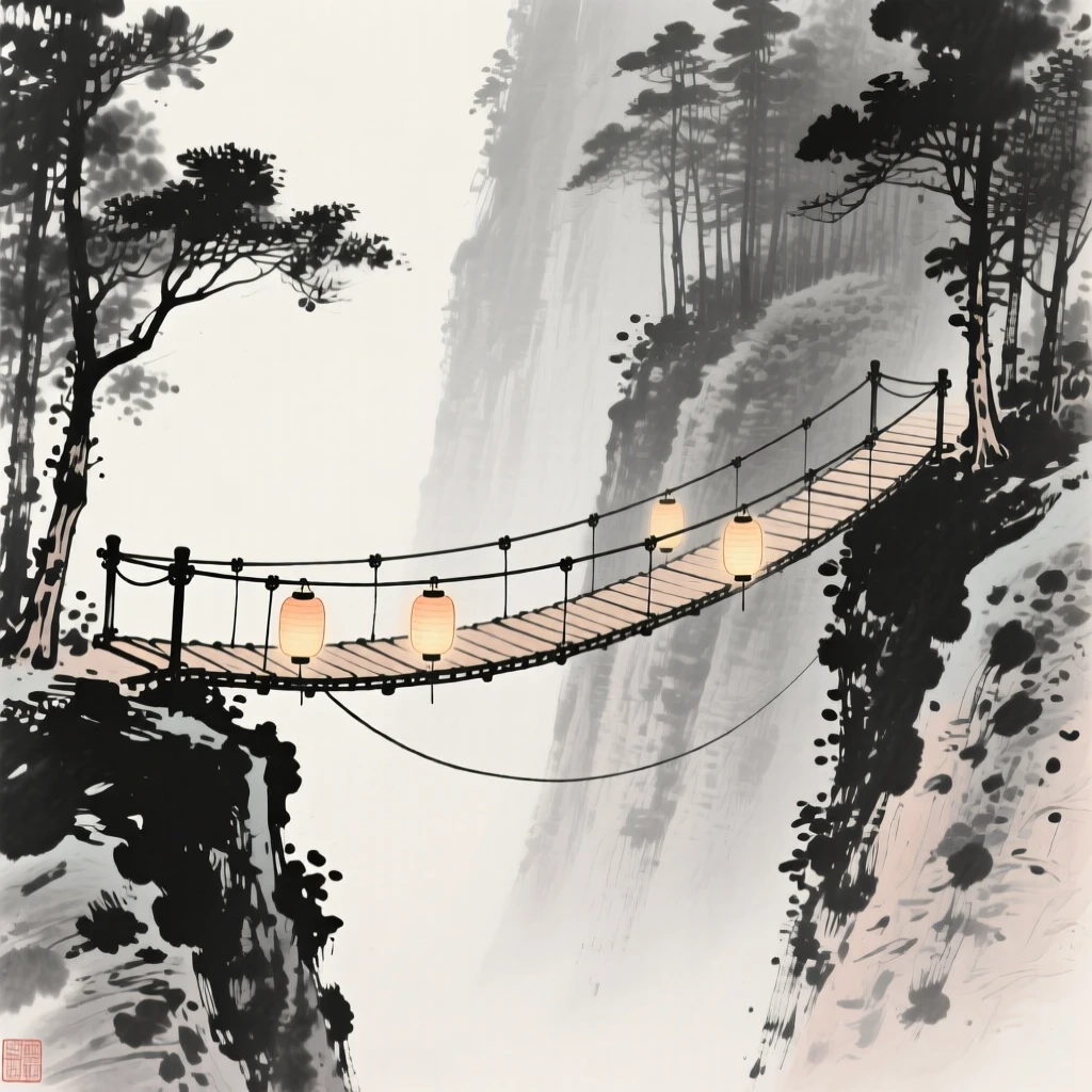 A narrow rope bridge sways gently above a deep forested ravine, with lanterns hanging along its railings.