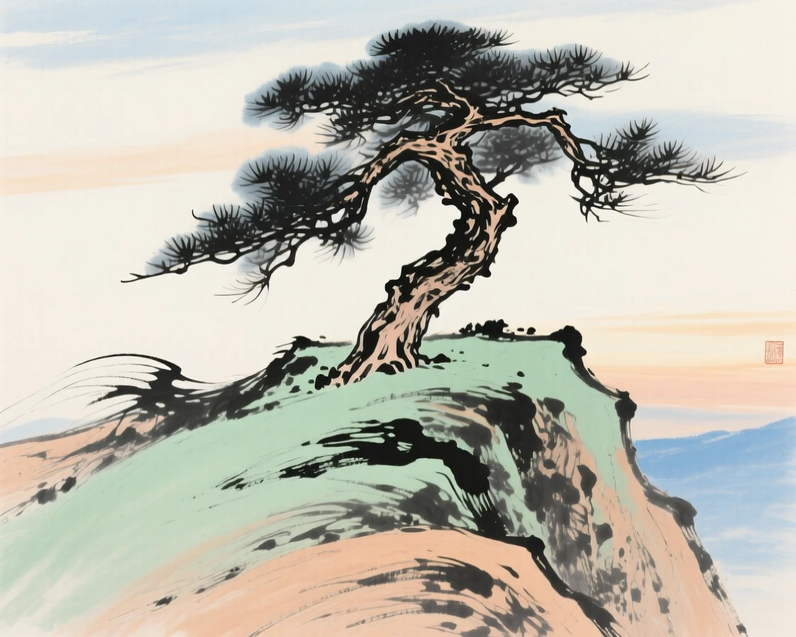 A solitary pine standing atop a windswept ridge, imbued with timeless calm, in the soft light of late afternoon.