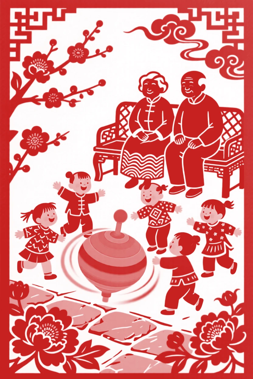 A cheerful group of playmates, spinning a colorful top on a stone floor, grandparents watching fondly from a nearby bench.