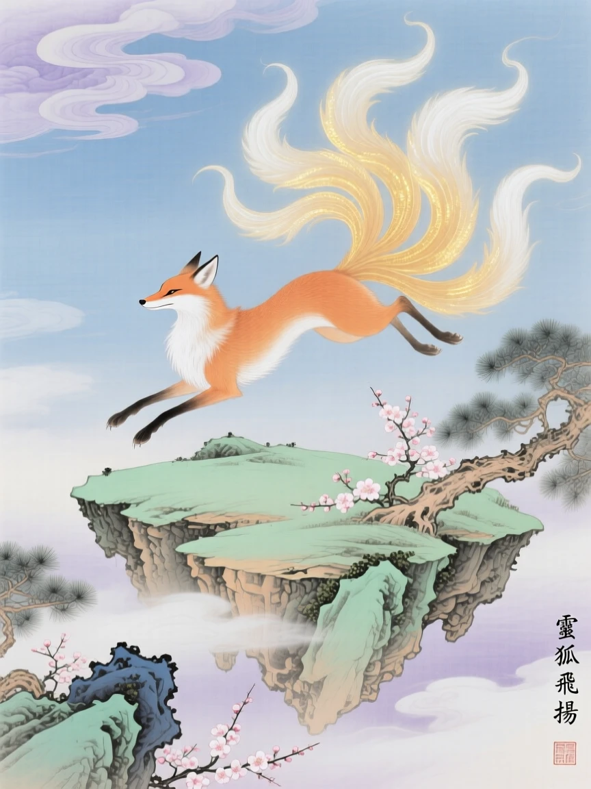 A spirit fox leaping lightly with nine glowing tails trailing behind around a floating island in the sky