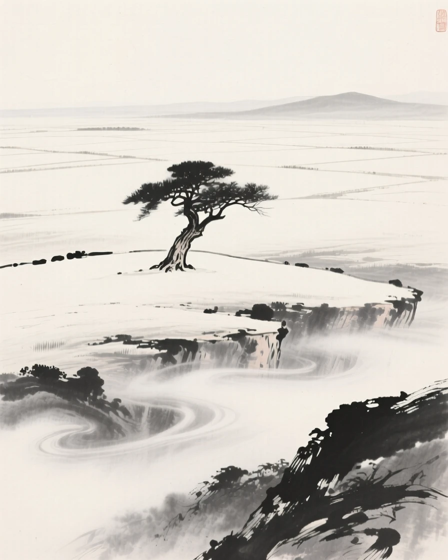 A vast open plain with a single ancient tree standing alone as thin mist rolls slowly through the lower valley, viewed from a high vantage point looking down across the whole scene, evoking a deep sense of solitude and quiet grandeur.