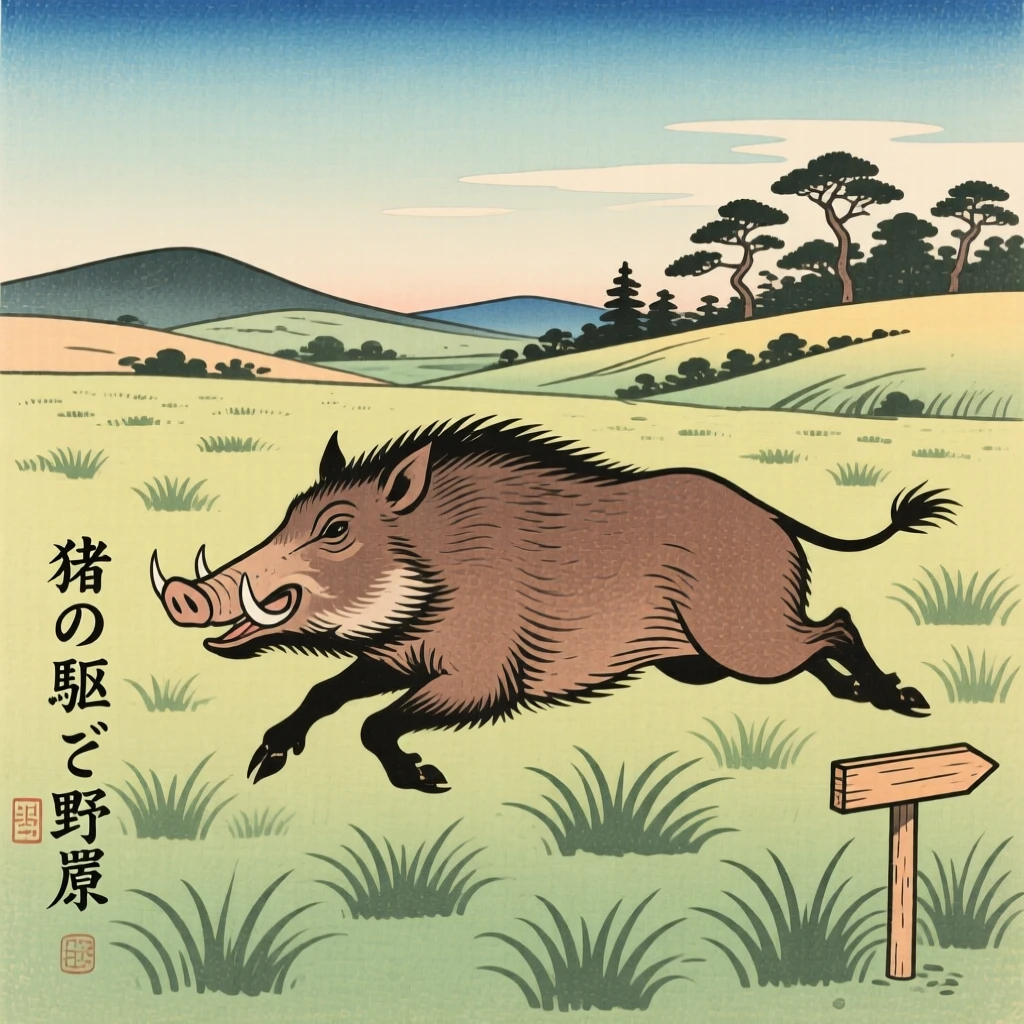A wild boar galloping across an open grassy plain.
