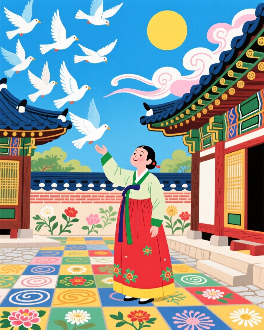 A folk healer releasing a flock of doves from a temple courtyard, during a warm summer afternoon.