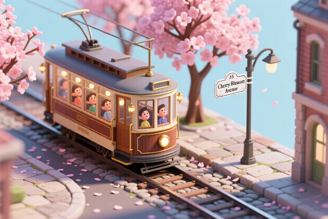 A vintage streetcar rolling past blooming cherry trees in a historic city district, passengers gazing out at the pink canopy above.