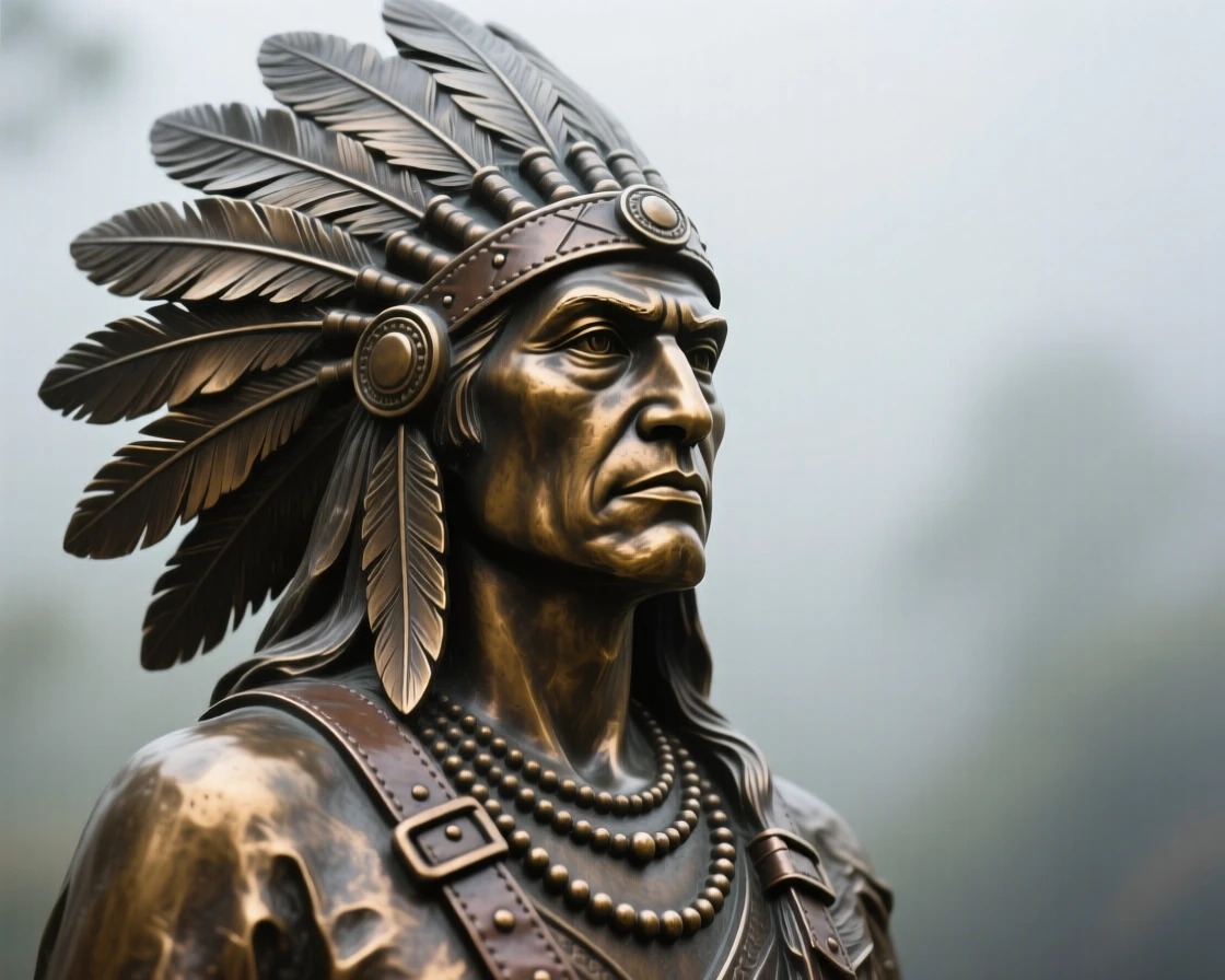 A native american chief adorned in an eagle feather headdress, framed by an atmospheric, misty backdrop, forming a strong central focal point