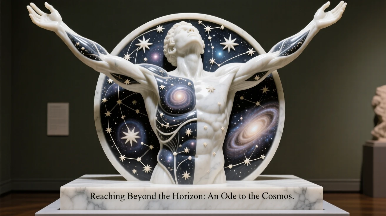 A striking, imaginative composition featuring a figure made of galaxies and stars reaching toward the cosmos, blending realism with dreamlike wonder