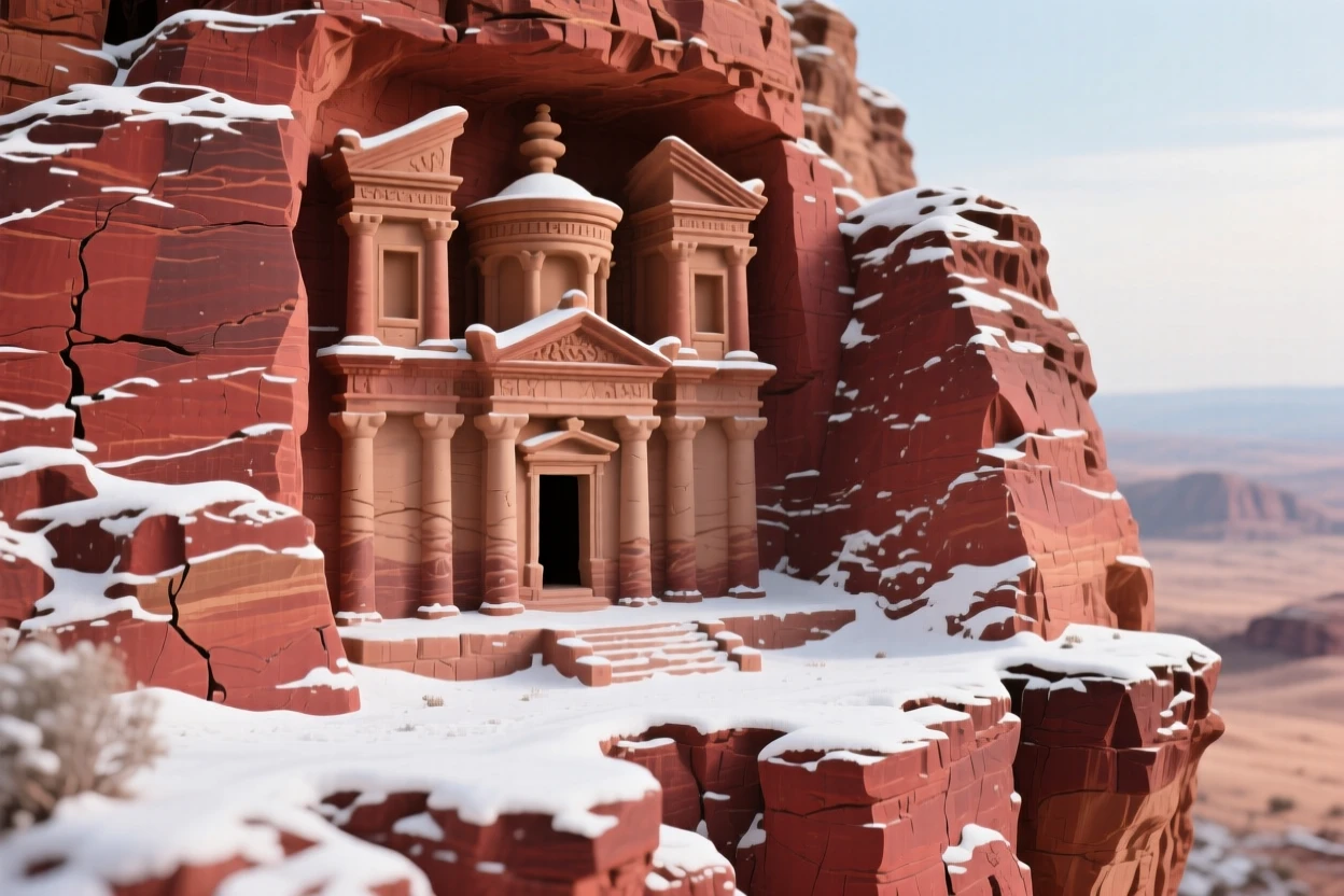 A desert temple carved into red rock perched dramatically at the edge of a cliff, dusted lightly with fresh snow, conveying serenity and architectural majesty.