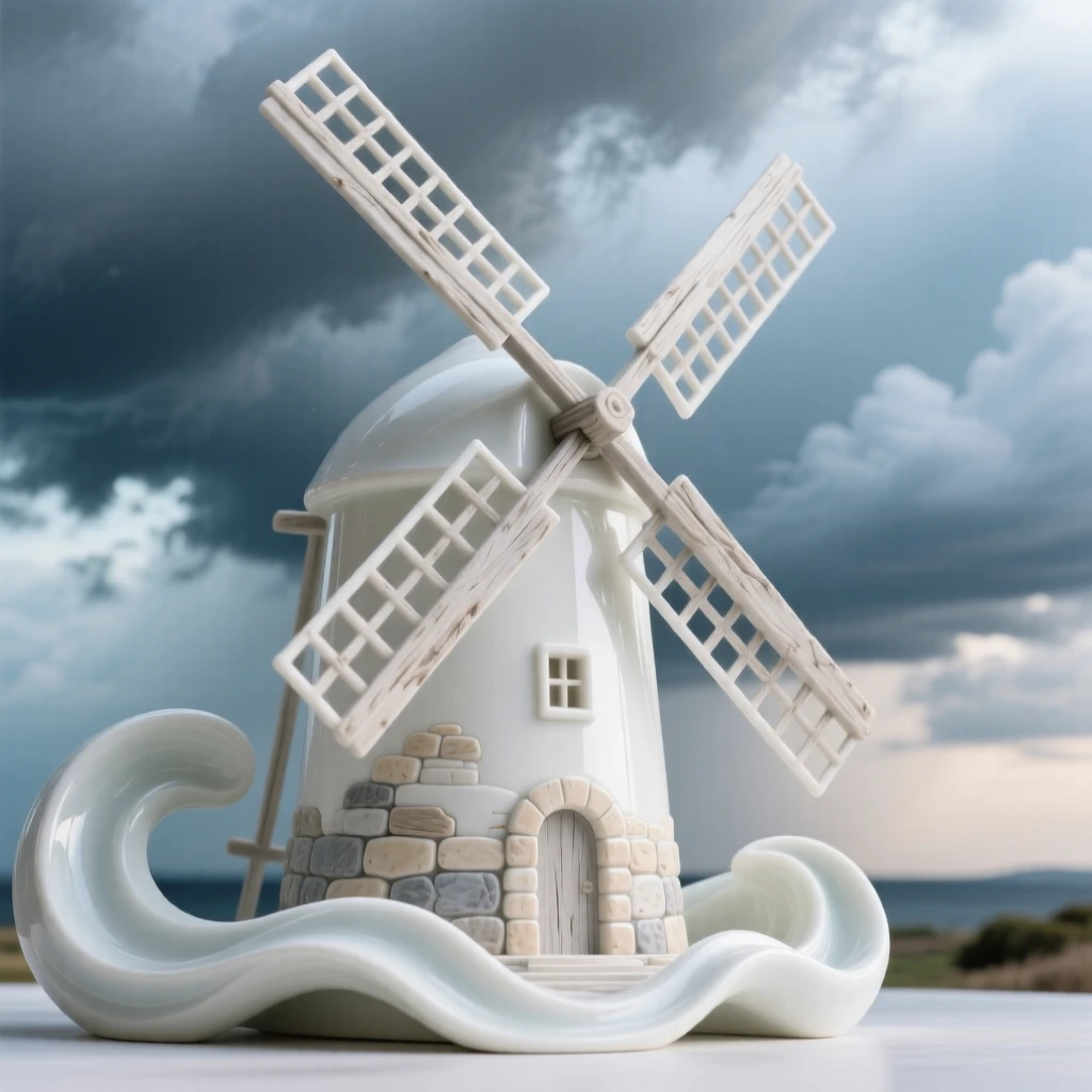 A grand view of an old stone windmill, framed by dramatic storm clouds clearing.