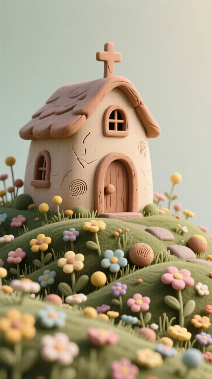 A quiet chapel on a hillside surrounded by wildflowers