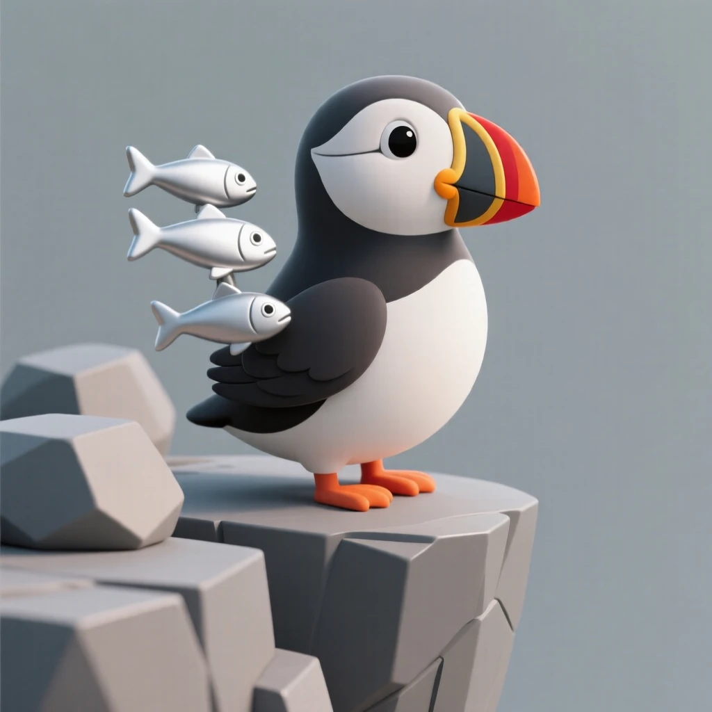 A proud puffin stands on a rocky cliff edge, colorful beak full of freshly caught silver fish.