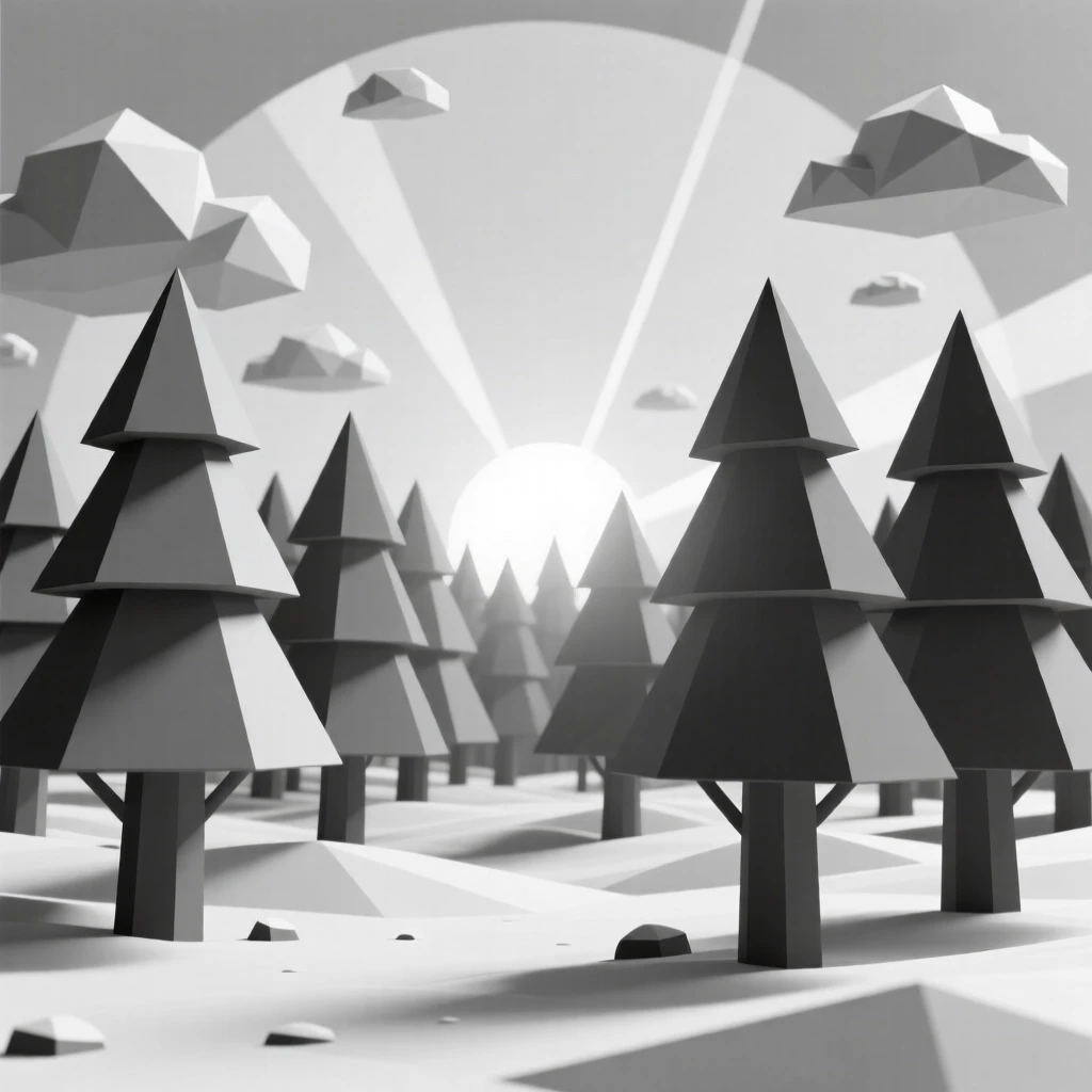 A pine forest blanketed in fresh snow, as the sun begins to rise. soft light rays break through scattered clouds. The atmosphere is dramatic and powerful.