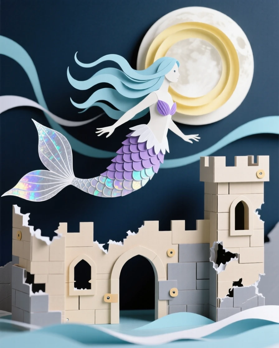 A moonlit mermaid soaring above a crumbling ancient castle, with a shimmering magical aura surrounding the figure, evoking otherworldly beauty.