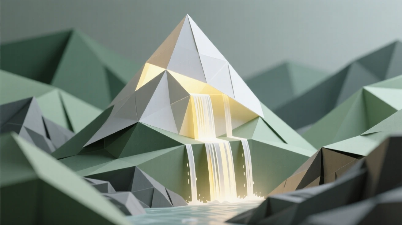 A hidden valley where waterfalls of light cascade down from a glowing mountain peak.