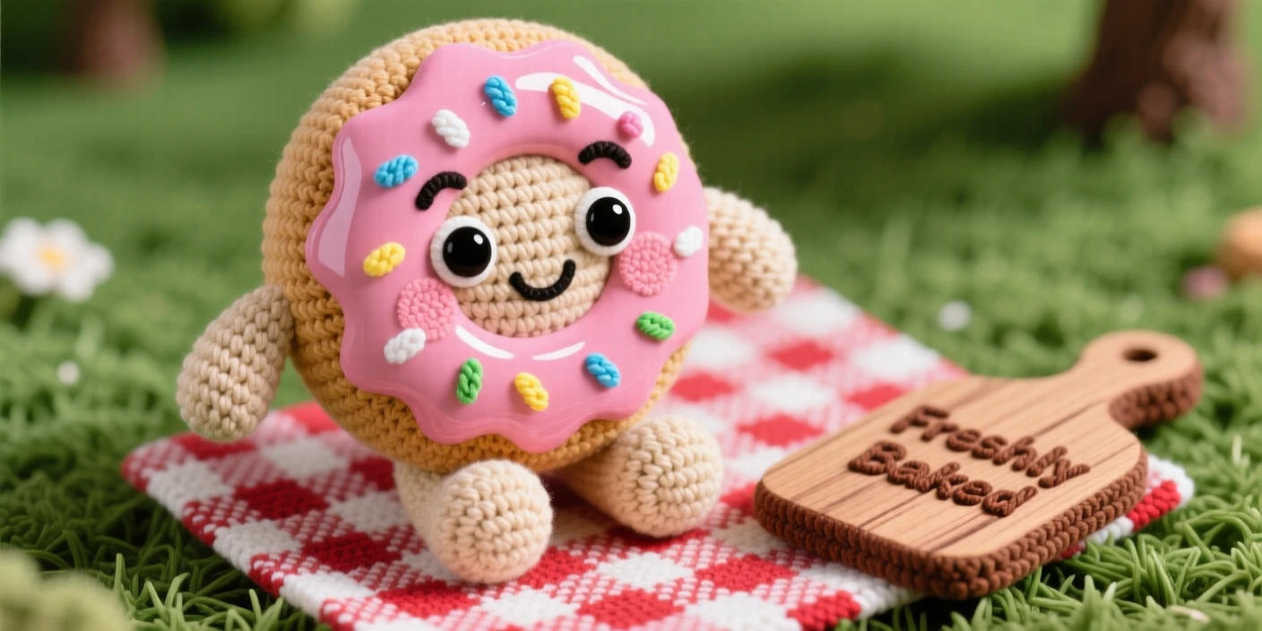 a plump donut character, with a glossy pink glaze and sprinkles, is shown rolling happily along a bakery counter on a checkered picnic blanket in a park beside a rustic wooden serving board, capturing a cozy sense of shared treats.