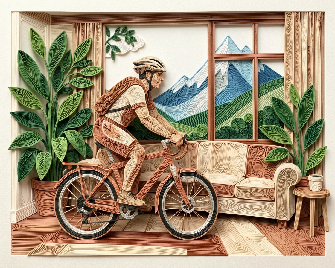 a cyclist pausing to admire a mountain vista, in a bright, plant-filled apartment, arranged with a relaxed, candid, lifestyle feel, in warm neutral tones of beige and terracotta.