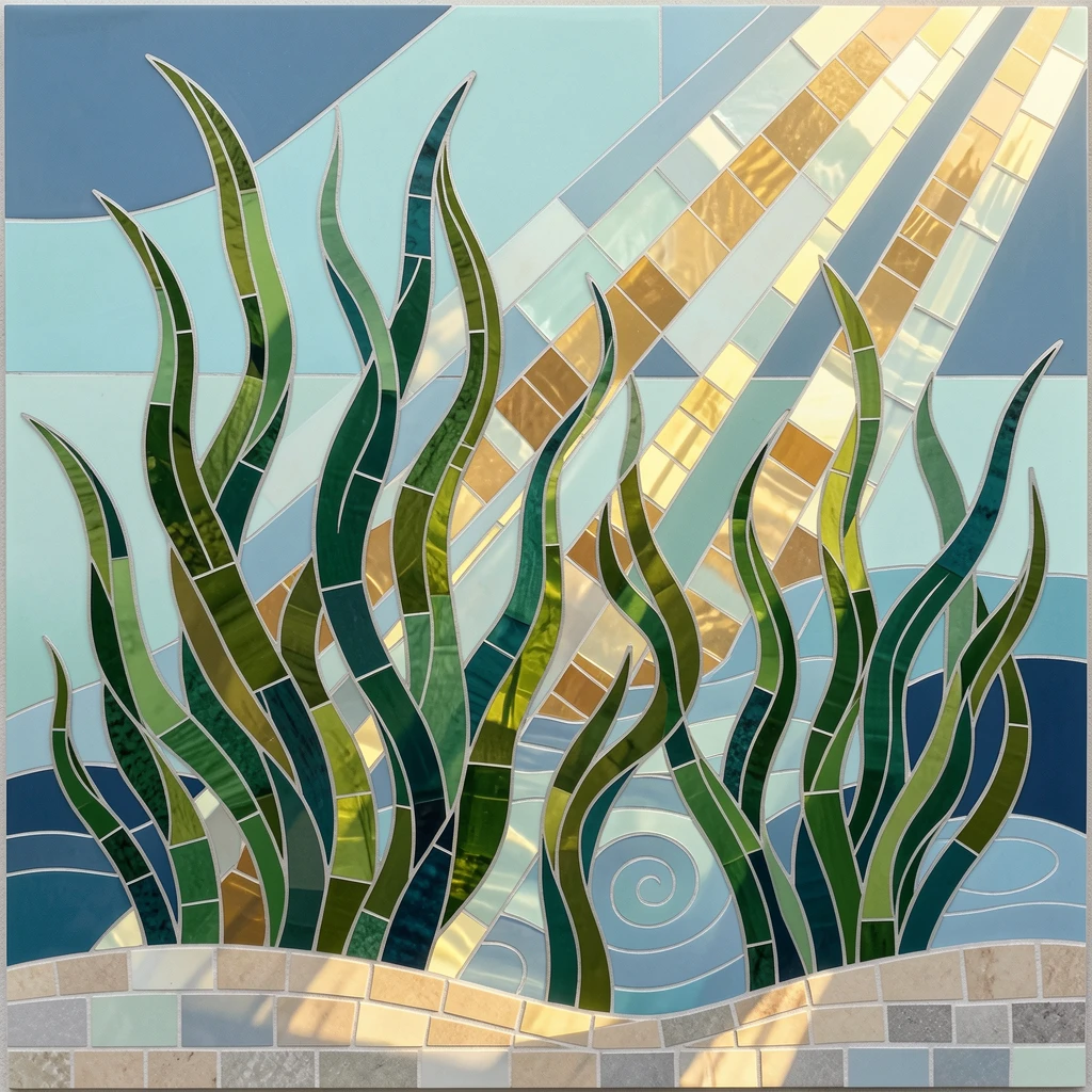 A vivid underwater scene of a kelp forest swaying gently with shafts of sunlight breaking through, rich in color and serene movement.