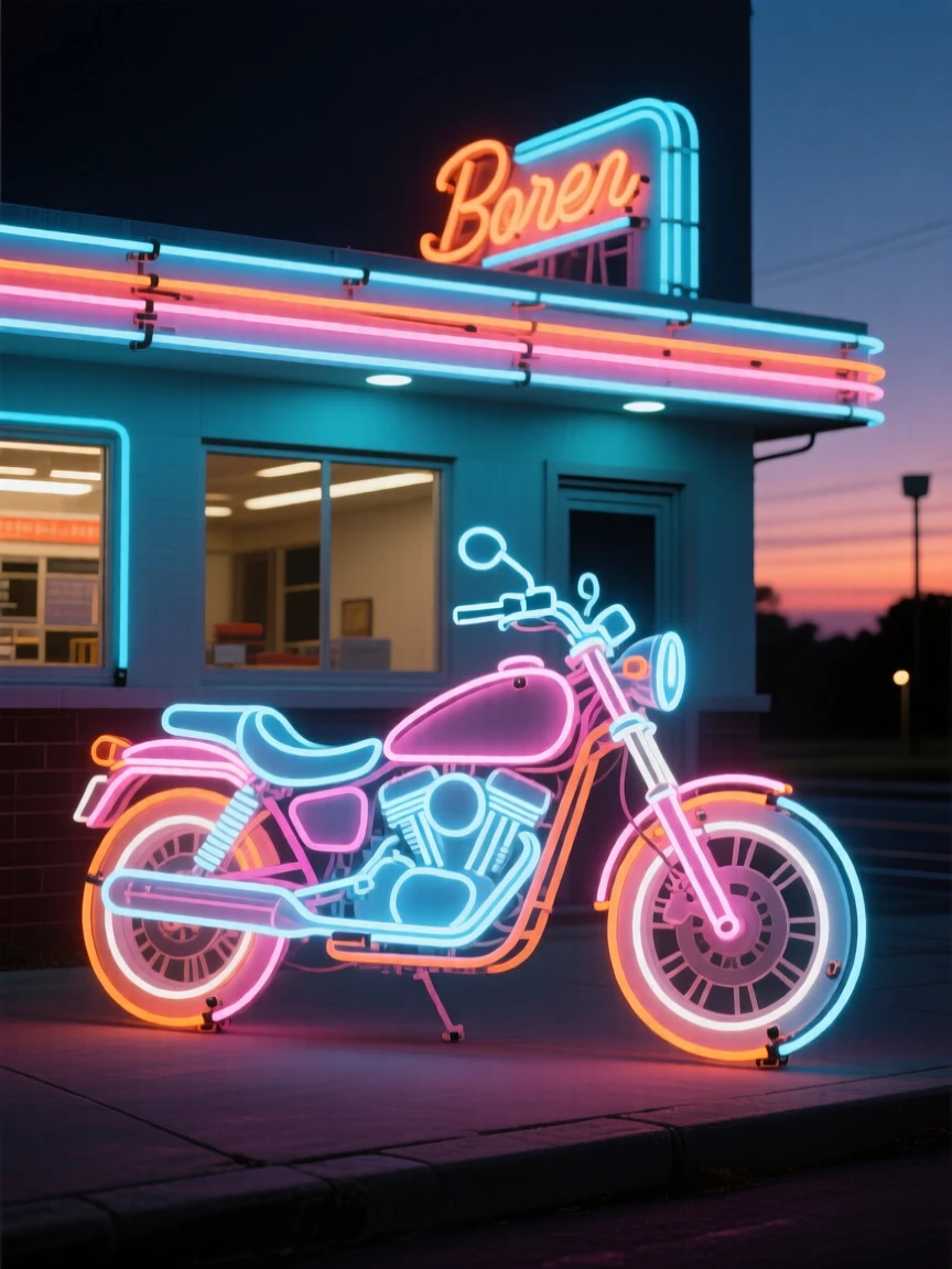A motorcycle parked outside a roadside diner at dusk.