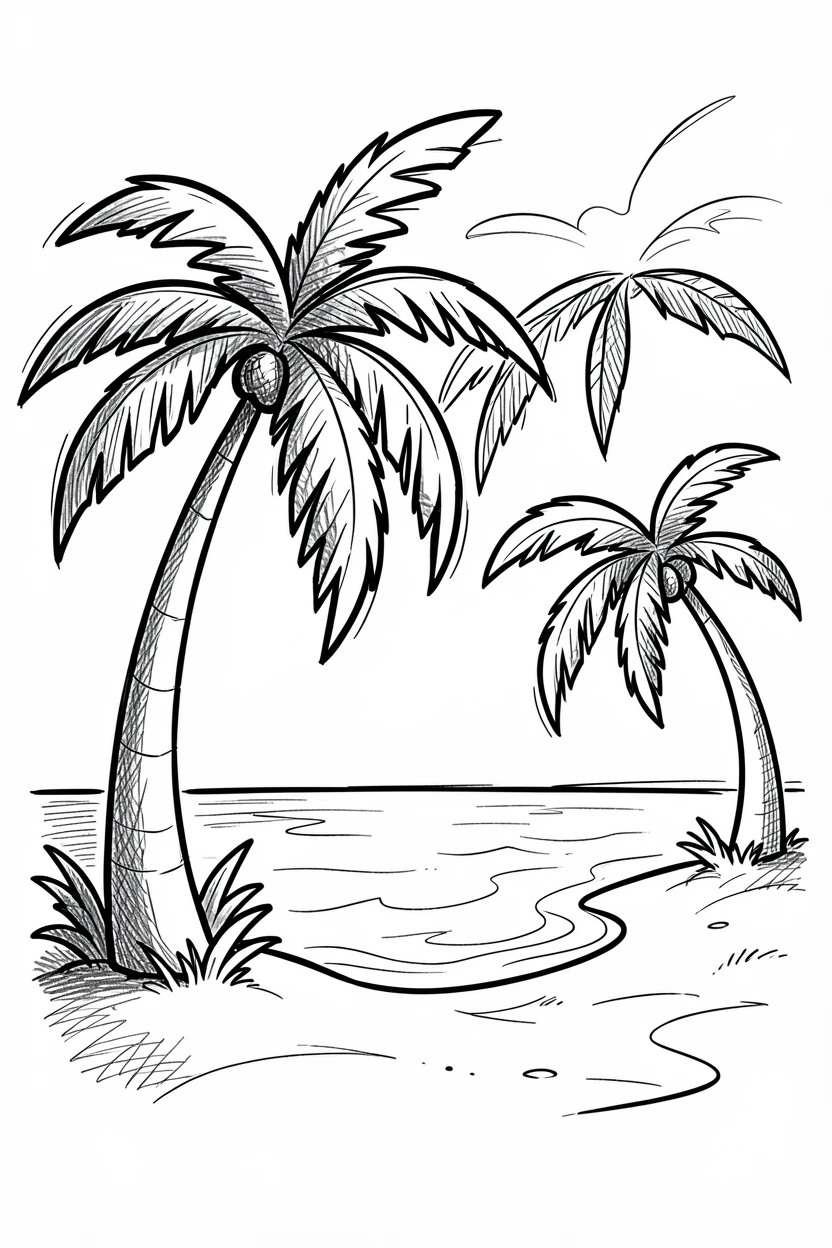 A tropical beach with swaying palm trees overlooking a calm bay.