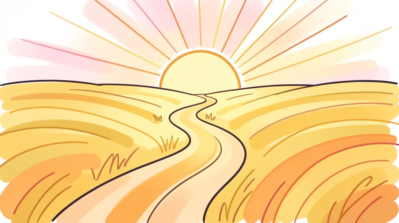 A path winding through a golden field toward a bright sunrise.