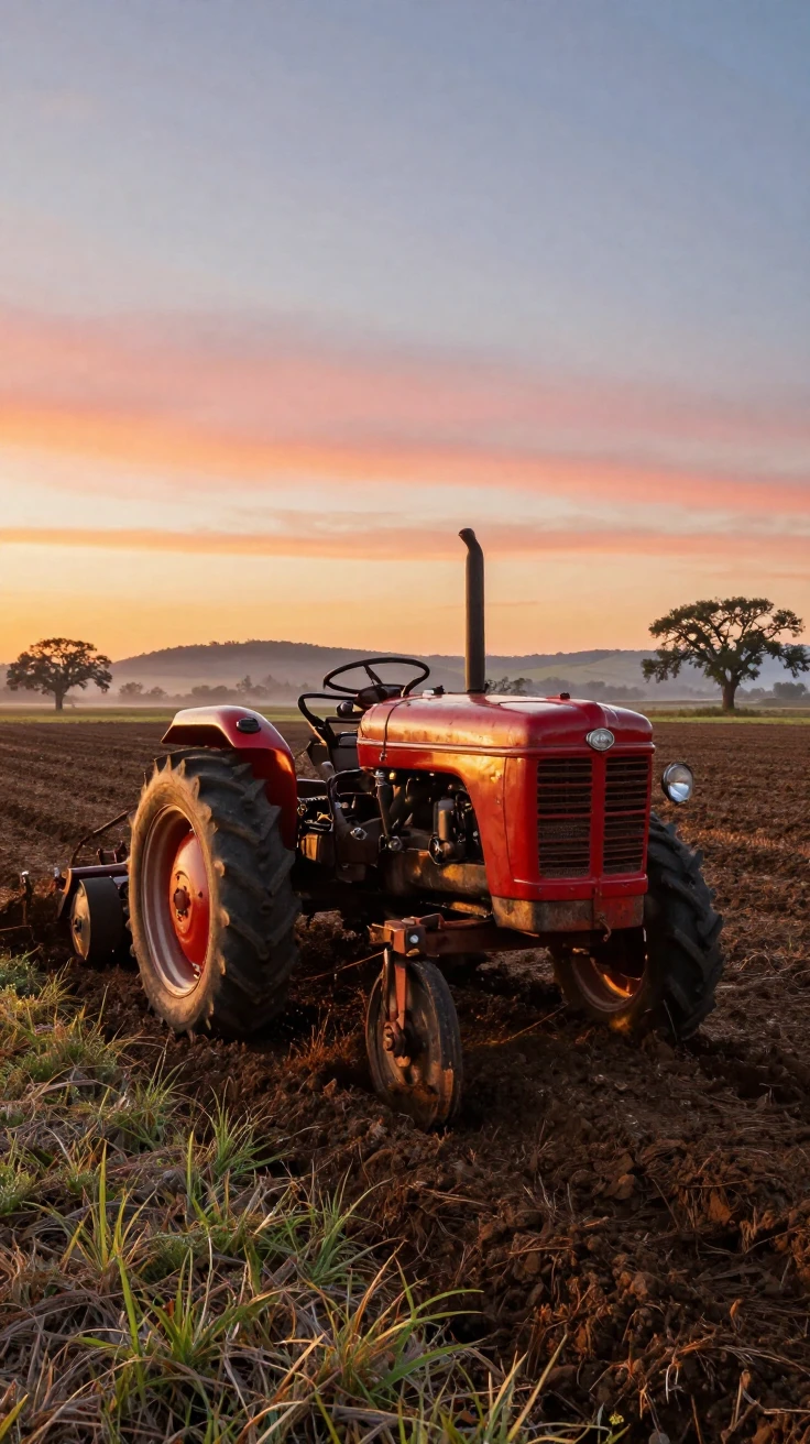A vintage tractor plowing a field at sunrise
