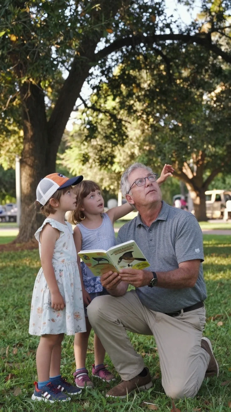 A grandfather shows his grandchildren how to identify birds by their calls.