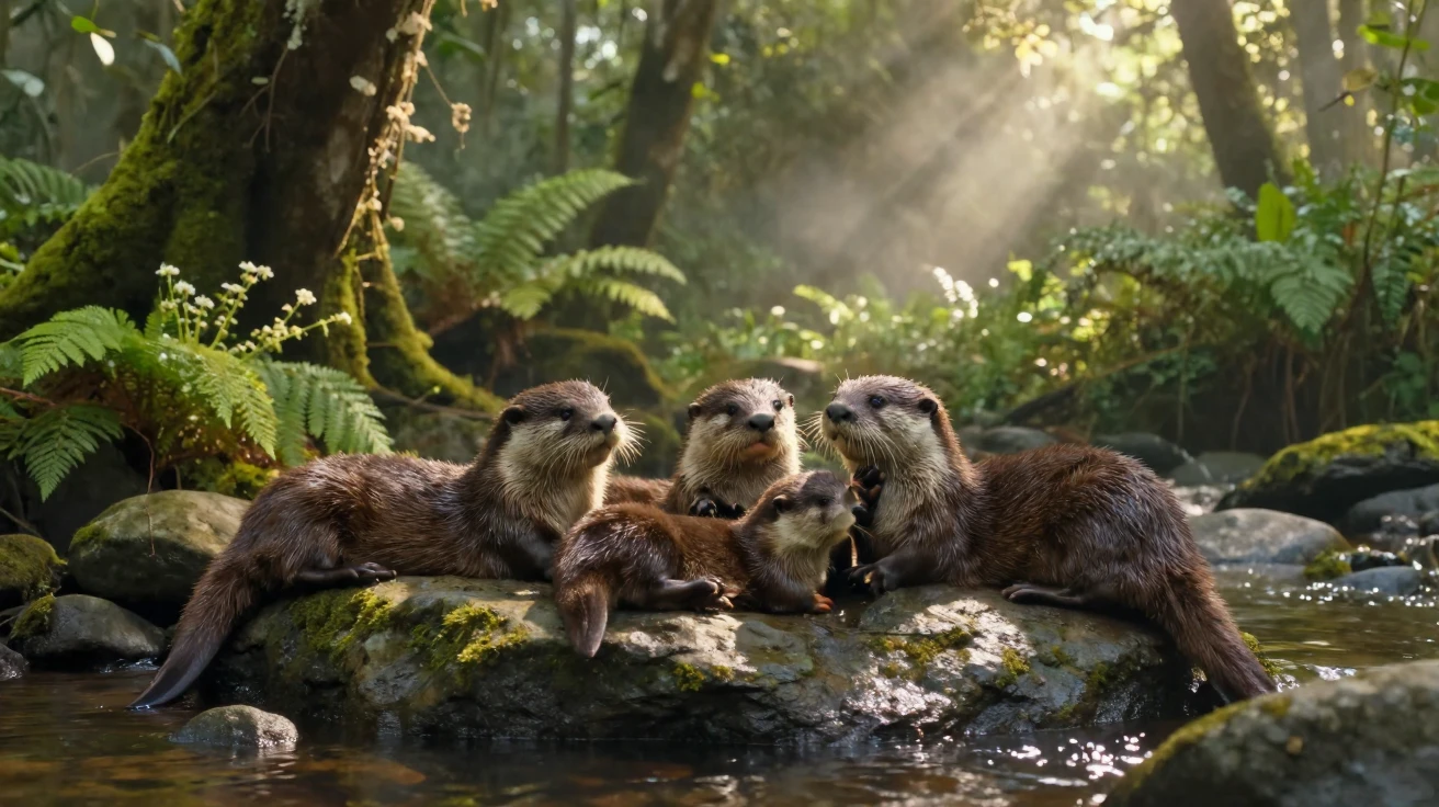 A family of otters basking lazily in warm sunlight deep within a misty rainforest