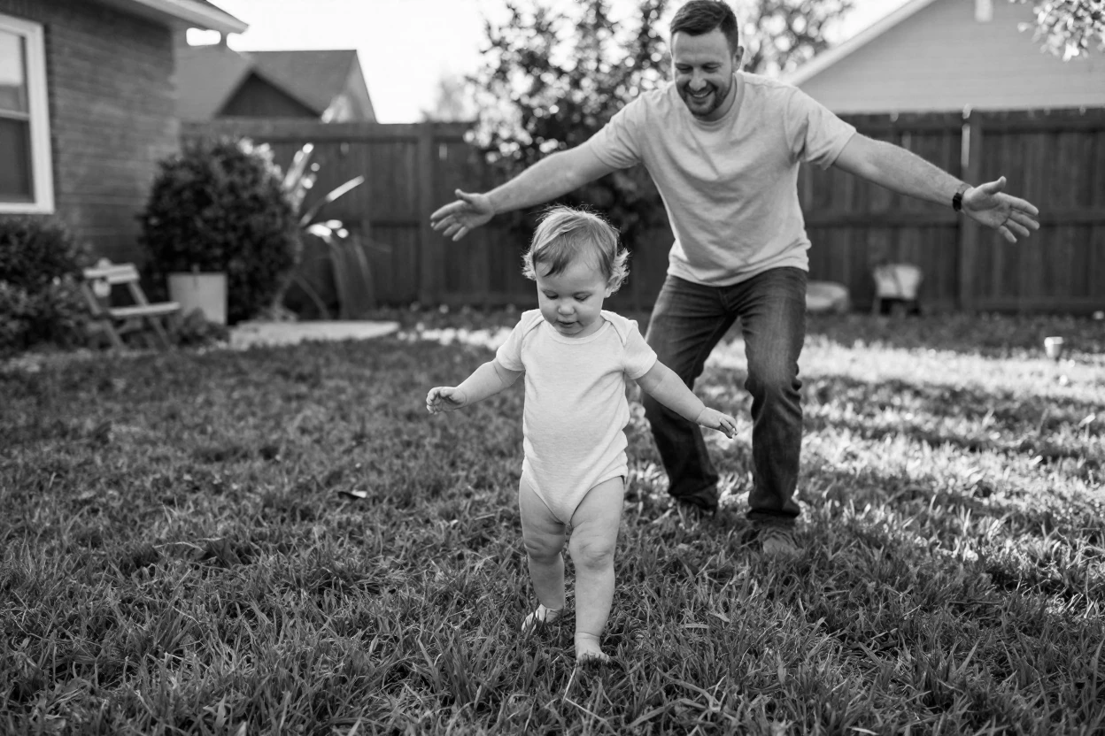A toddler takes her first wobbly steps toward her father on a grassy backyard lawn.