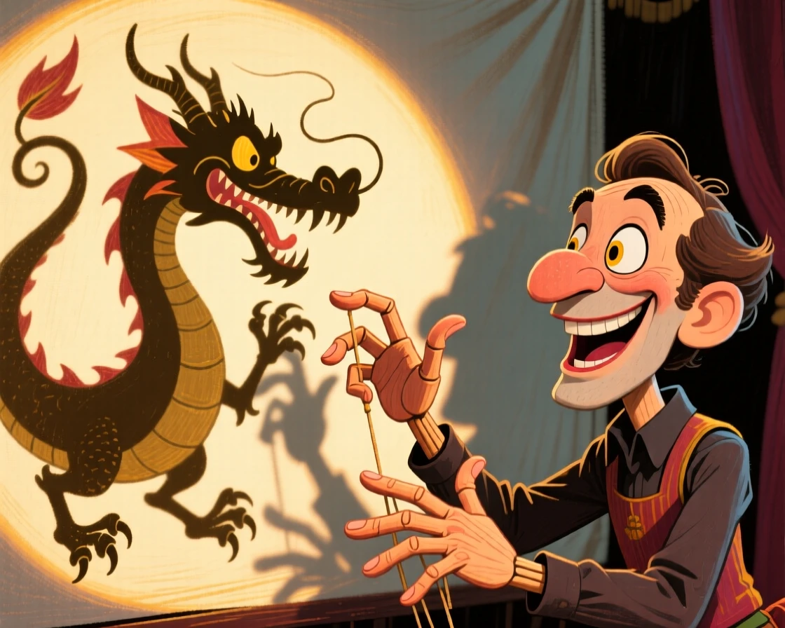 A puppeteer's hands bringing a shadow-puppet dragon to life on a lit screen.